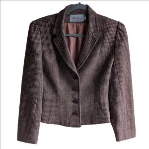 Vintage wool blend tweed fitted cropped blazer jacket pleated sz M